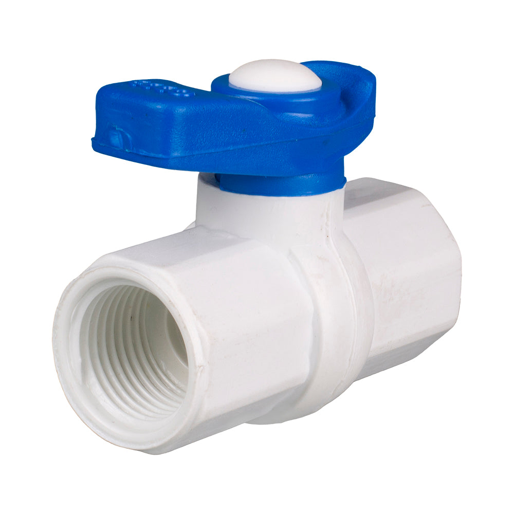 PVC Mini Ball Valve White, FF Thread - 1/2" (15mm)